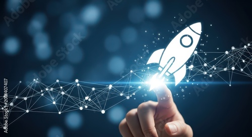 Digital rocket icon is being touched by a finger to symbolize business growth and technological advancement.