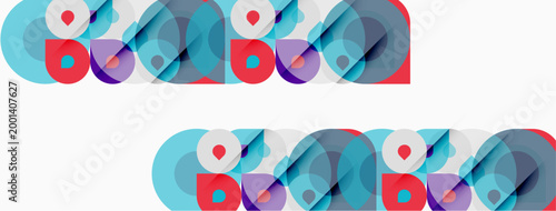 Abstract geometric shapes, circles, overlapping colors. Blue, red, turquoise create modern design elements. Minimalist pattern repeats twice.