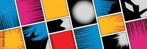 Colorful comic book panels layout featuring action speed lines and vibrant pop art halftone textures.