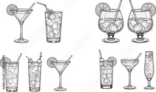 Hand drawn cocktail glasses collection with martini highball and citrus garnish drinks line art vector illustration set