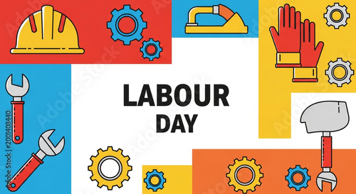 Labour Day, worker icons, industrial symbols, gear illustrations, Labour Day graphics