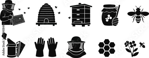 Set of black silhouette icons representing beekeeping, honey production, and apiary equipment. 