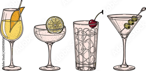 Hand drawn cocktail glasses set with martini margarita and citrus garnish drinks isolated vector illustration for bar and menu design