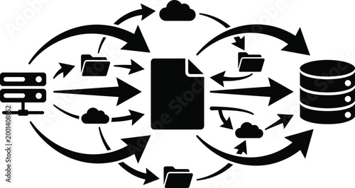 Complex network flow diagram connecting servers folders and cloud storage for enterprise.