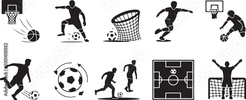 Flat sports icons set with basketball and soccer actions