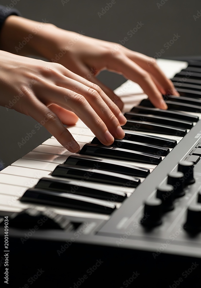 Fototapeta premium Close up of hands playing a digital electronic keyboard synthesizer