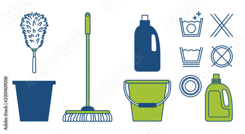Cleaning Supplies and Care Symbols Icon Set: Mop, Duster, Buckets, Detergents