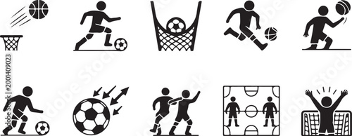 Black and white sports icons set with actions