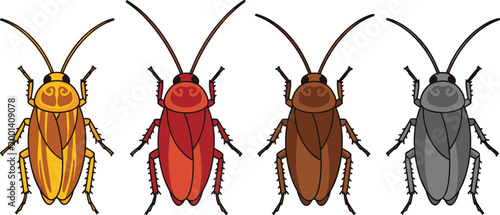 Cockroach insects set in different colors isolated vector illustration collection of pest bugs for biology and infestation concepts