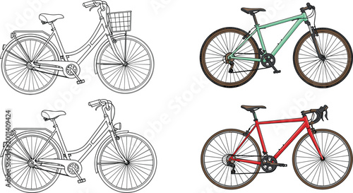 Foto Bicycle illustrations set with city bike mountain bike and road bike isolated ve