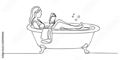 woman is soaking in a bathtub. Modern flat in continuous line style, Continuous one line design of a woman is soaking in the bathtub while reading a book. Minimalist style vector illustration on white
