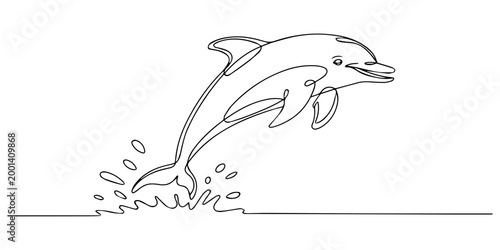 Elegant one-line drawing of a dolphin leaping out of the water a minimalist marine design, Dolphin jumping out of water in elegant, minimalist artwork depicting marine wildlife in motion. Clean lines.