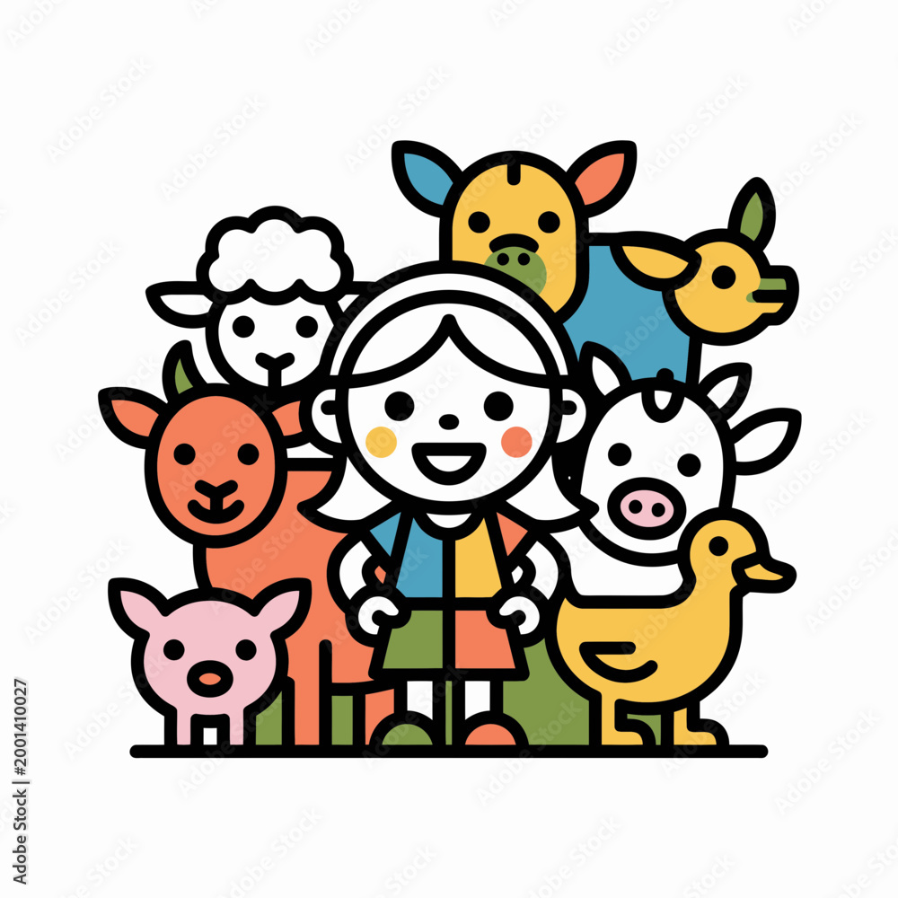 Naklejka premium Happy girl standing with diverse farm animals in a colorful flat vector illustration style for children education and agriculture themed graphic design projects and marketing