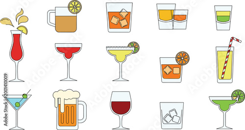 Colorful cocktail and beverage icons set with glasses shots beer wine and mixed drinks flat vector illustration collection