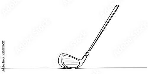 Golf club head drawn with single continuous line on white background, none editable strokes, A golf club in one continuous line hitting a golf ball on the ground drawing, Golf stick line continuous.