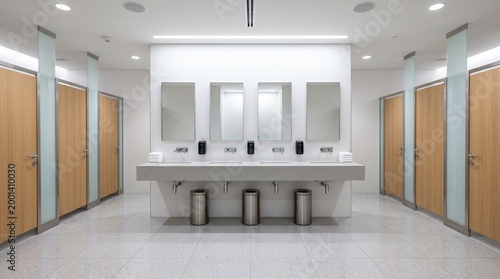 Modern, clean public restroom with multiple stalls and a long vanity with mirrors.