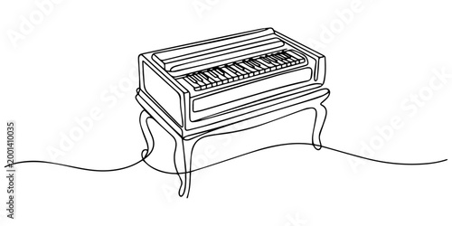Harmonium one line art. Continuous line drawing of harmonium, indian, music, sitar, classical, Vintage harmonium with keyboards and pipes in isometric design, a traditional indian musical instrument.