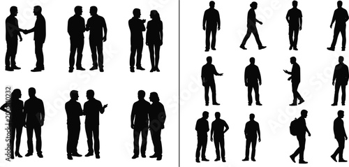 People silhouettes collection with walking standing and talking poses including business interactions and casual human activities isolated set