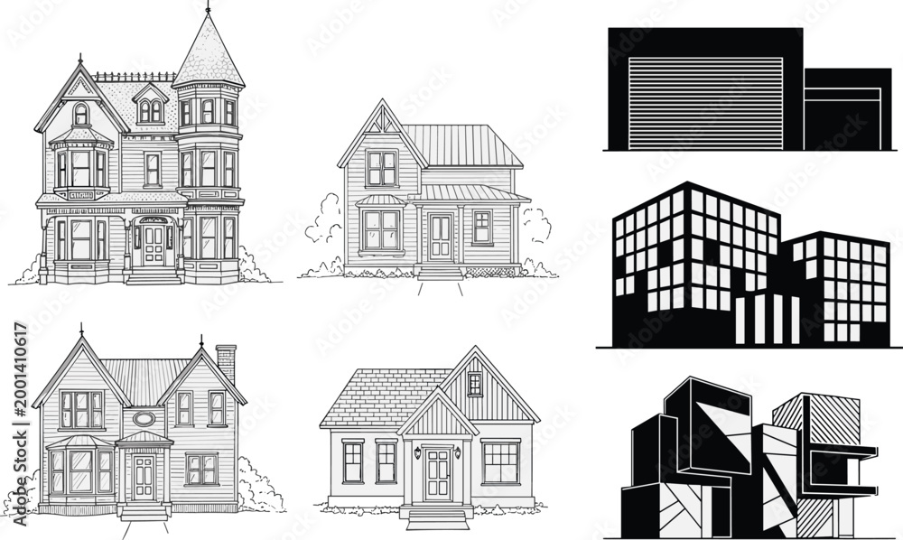 Obraz premium Residential and commercial building illustrations set with houses garages and modern architecture isolated line art vector collection
