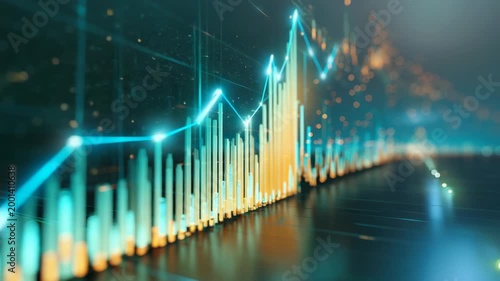 Neon line graph with vertical bars and glowing markers depicting market volatility momentum and progressive growth