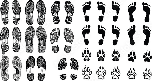 Footprints and shoe sole prints collection with human footprints and animal paw tracks isolated vector set