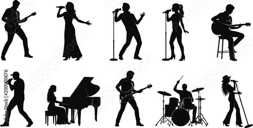 A silhouette of a group of musicians, each holding their instruments A group of musicians' silhouettes with their instruments in hand Silhouettes of musicians adorned with their musical instruments