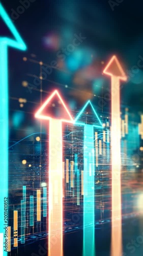 Neon arrows rising through city of data with glowing bar charts and streaming analytics showing bullish market momentum and advanced trading visualization technology
