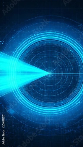 Blue radar holographic interface with scanning beam, concentric digital rings and futuristic hud targeting display for sensor visualization and data tracking