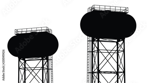 Two industrial water towers against a white background silhouette