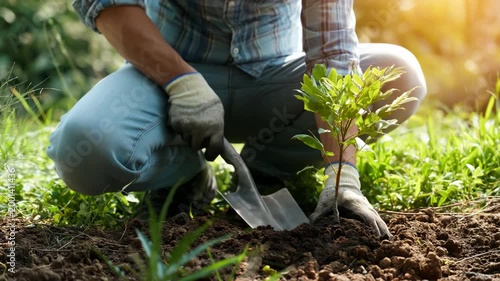Planting sapling male caucasian adult kneeling with trowel planting young tree in garden soil sunlight gloves outdoor