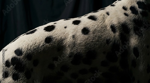 Close-up textured shot of a Dalmatian dog's spotted fur with black and white contrast against a dark background