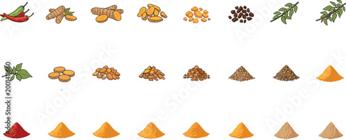 Comprehensive collection of culinary spices and herbs featuring chili peppers ginger turmeric black pepper and various powdered seasonings for organic cooking and flavoring concepts.