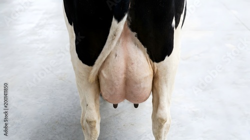 Close-up rear view of a black and white Holstein Friesian cow's udder and hindquarters on a concrete floor