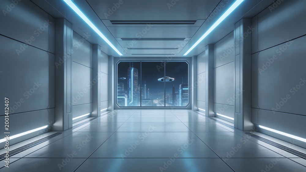 Obraz premium Futuristic corridor with city view