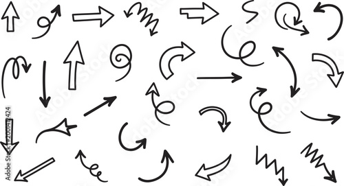 Collection of hand drawn black and white arrows and curvilinear directional symbols for design elements