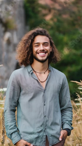 Male caucasian young man longhair standing in field wearing green shirt with necklace outdoors relaxed natural portrait in warm foliage