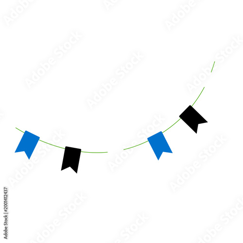 A string of blue and black festive flags on a transparent background