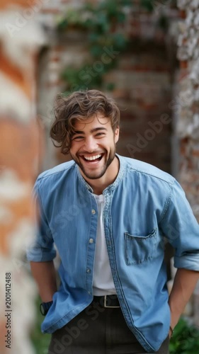 Male caucasian young man wavy hair wearing denim shirt and white tee standing outdoors relaxed confident urban casual portrait