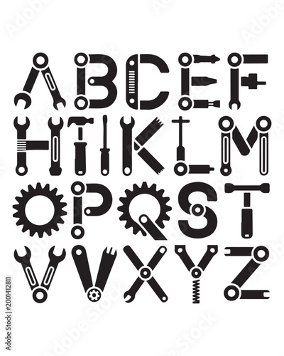 Alphabet letters made of mechanical repair tools and gears