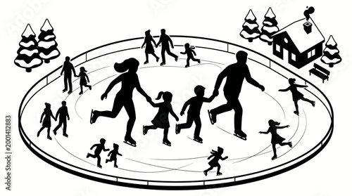 Black and white illustration of families and individuals ice skating on an outdoor rink with trees and a cabin in the background, depicting a winter leisure activity.