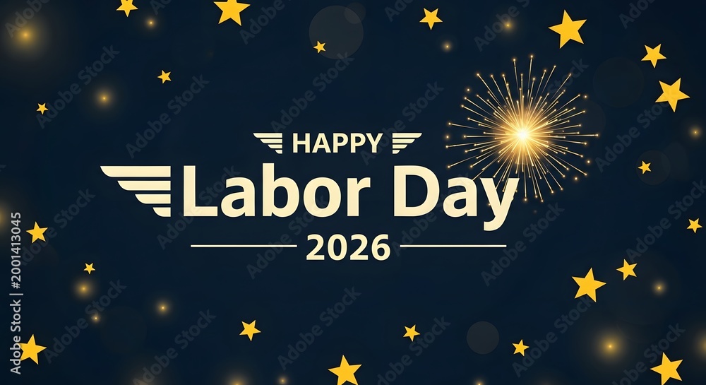 Fototapeta premium Happy labor day 2026 celebration banner with golden stars and fireworks