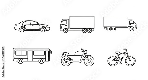 Collection of simple line art transportation vehicles.