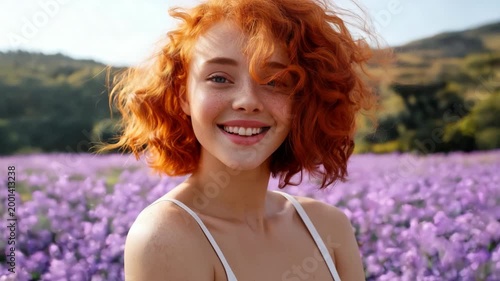 Young caucasian female redhead smiling curly hair in lavender field outdoor closeup joyful natural portrait