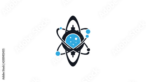 Modern Atomic Structure Illustration with Blue and Black Colors on White.