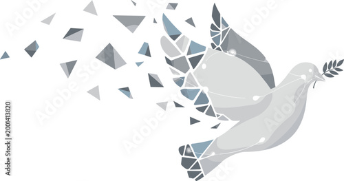 Modern geometric white dove of peace with olive branch breaking into digital fragments for global unity technology and fragile harmony conceptual vector illustration isolated on white.