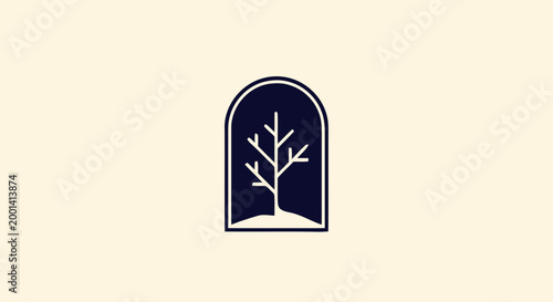 Minimalist Tree Silhouette Inside an Archway with Simple Design.