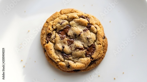 Close-up overhead view of a decadent chocolate chip cookie on a white plate with crumbs
