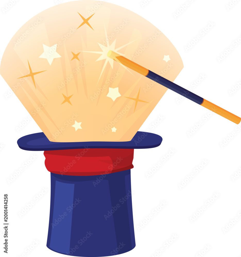 Fototapeta premium Magic hat with wand and sparkle ray lights., vector cartoon wizard illusionist black cylinder for focus trick