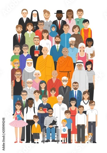 Diverse group of people standing together in a multicultural community gathering.