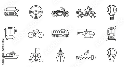 Collection of Hand Drawn Transportation Icons and Symbols.